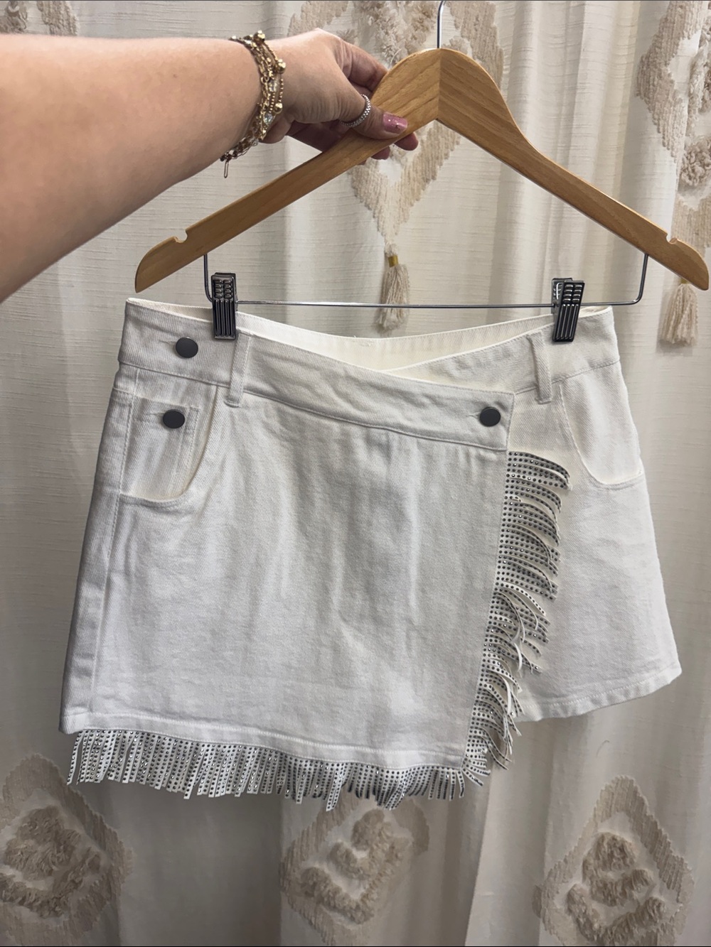 White Fringe Denim Mini Skort